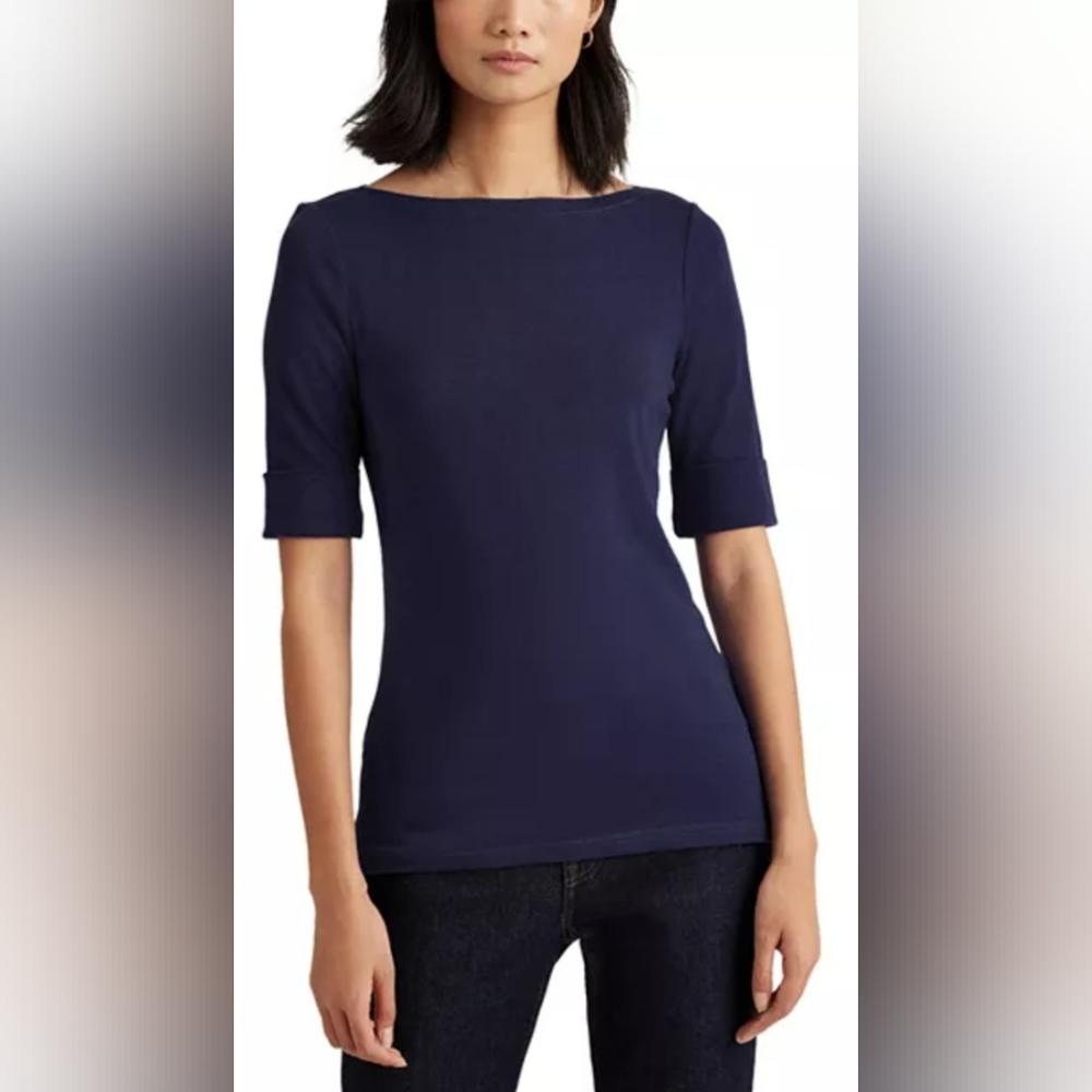 Ralph Lauren LRL Size 2X Navy Blue Preppy Short Sleeve Boatneck Blouse Nautical